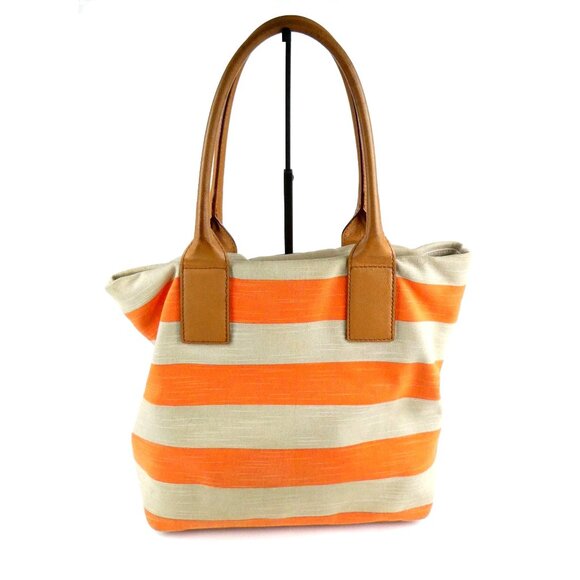 Kate Spade New York Orange & Khaki Striped Canvas Tote Bag With Leather Handles - Picture 4 of 15
